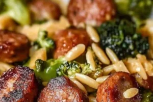 A delicious bowl of creamy orzo with chicken sausage and broccoli topped with herbs.