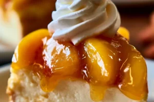 Creamy Peach Delight Cheesecake topped with fresh peach slices.