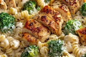Creamy rotisserie chicken broccoli pasta in a delicious sauce
