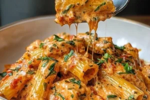 Creamy tomato garlic pasta dish garnished with herbs.