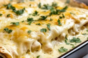 Creamy white chicken enchiladas served on a plate with toppings.