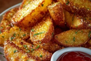 Crispy golden potato wedges served on a plate