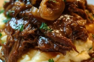 Delicious Crock Pot French Onion Pot Roast served with vegetables.