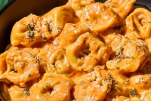 CrockPot chicken tortellini in a bowl garnished with herbs
