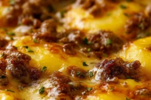 Crockpot Hamburger Potato Casserole ready to serve in a bowl