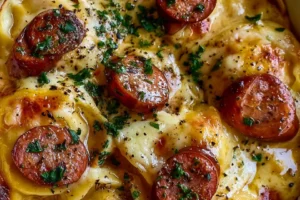 Crockpot Pierogi Casserole topped with Kielbasa in a slow cooker dish