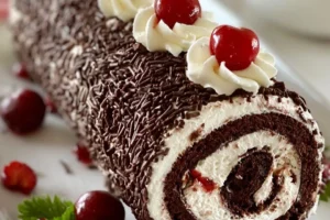 Decadent Black Forest Swiss Roll cake with chocolate and cherry filling