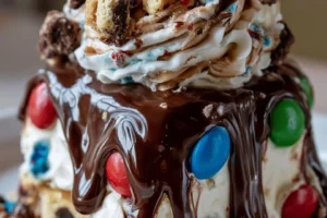 Decadent Chocolate Ice Cream Cake with M&M's and chocolate chip cookie dough