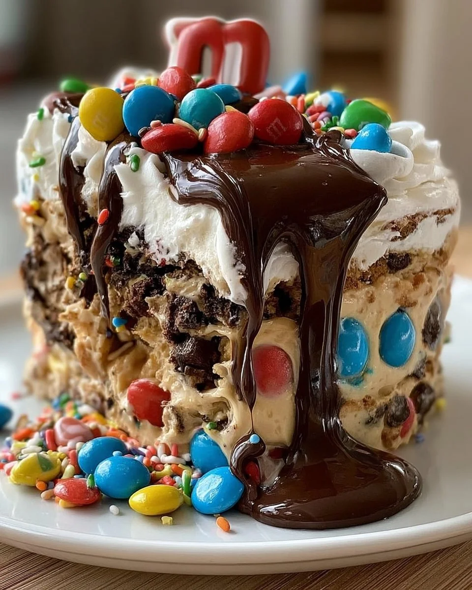 Decadent Chocolate M&M's and Chocolate Chip Cookie Dough Ice Cream Cake