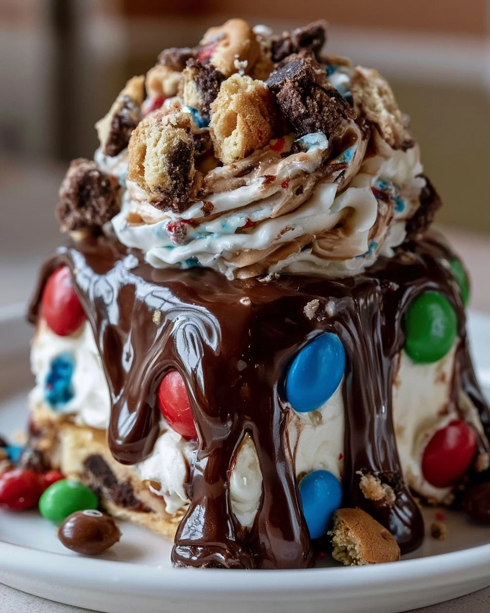 Decadent Chocolate M&M's and Chocolate Chip Cookie Dough Ice Cream Cake