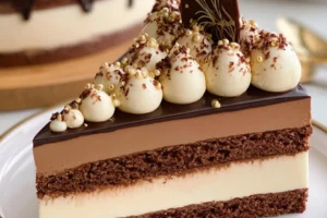 Decadent chocolate vanilla entremets dessert on a stylish plate.