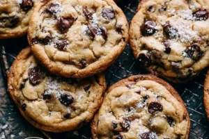 Freshly baked delicious chocolate chip cookies on a cooling rack.