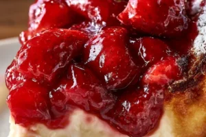 Donna Wood Strawberry Cheesecake Dump Cake topped with fresh strawberries