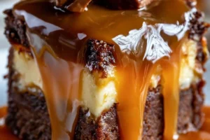 Delicious caramel brownie cheesecake topped with rich caramel drizzle.