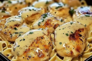 One-pan chicken with buttered noodles served on a plate