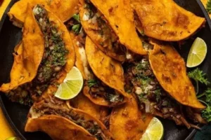 Delicious homemade birria tacos garnished with fresh toppings.