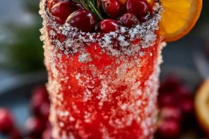 Festive Prosecco cocktail garnished with berries and herbs served in a glass.