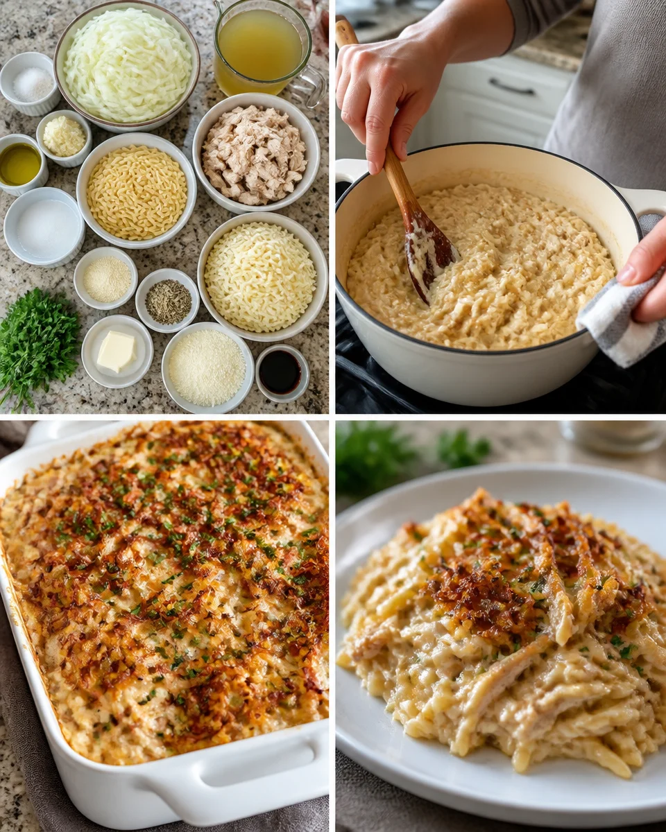 French Onion Chicken Orzo Casserole