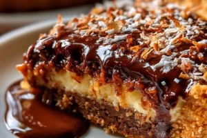 Slice of German Chocolate Cream Pie topped with chocolate and coconut