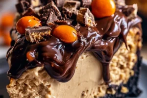 Giant Reese’s Peanut Butter Cup Pie topped with chocolate and peanut butter