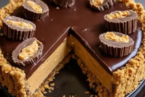 Giant Reese's Peanut Butter Pie with chocolate and peanut butter layers