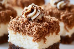 Gingerbread cheesecake bars topped with spiced gingerbread crumb crust.