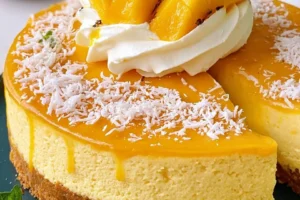 Golden Mango Coconut Cheesecake topped with fresh mango slices and coconut flakes