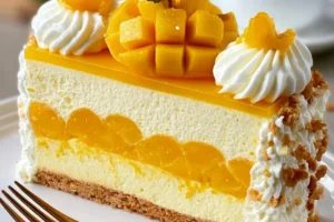 Golden Mango Vanilla Mousse Cake served on a white plate with fresh mango slices