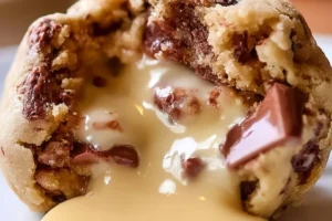 Gooey white chocolate center cookie with melted white chocolate chunks
