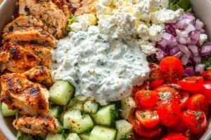 Colorful Greek Chicken Bowl with fresh vegetables and tzatziki sauce