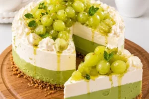 Sliced green grape cheesecake topped with fresh grapes and cream.