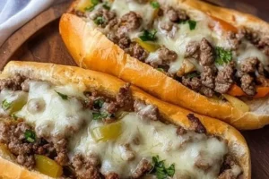 Ground Beef Philly Cheesesteaks served with fresh ingredients and melted cheese