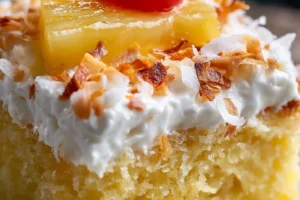 Delicious Hawaiian poke cake topped with tropical flavors and creamy frosting.