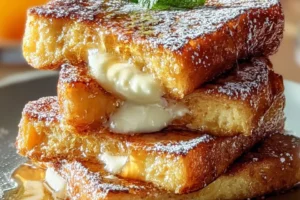 Hawaiian Roll French Toast garnished with syrup and fresh fruit