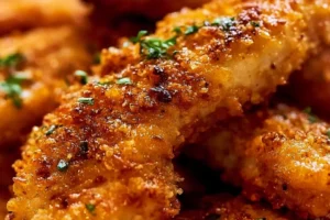 Plate of homemade baked chicken tenders with a crispy golden coating