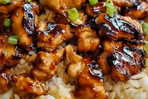 Delicious Honey BBQ Chicken served over rice with garnishes