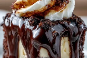 Hot fudge sundae brownie cheesecake topped with whipped cream and chocolate drizzle.
