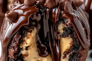Decadent chocolate chip cookie dough brownie bombs on a plate