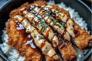 Japanese Katsu Bowls with crispy breaded meat served over fluffy rice