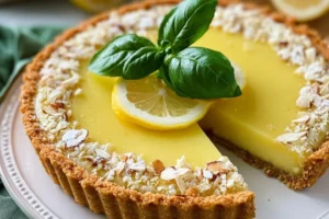 Lemon Basil Almond Tart with fresh basil and lemon zest on a plate