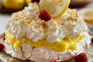 Delicious Lemon Meringue Pavlova topped with fresh lemons and meringue.