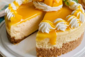 Delicious mango cheesecake topped with fresh mango slices and mint leaves