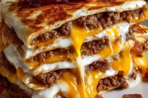 Maple bacon cheeseburger quesadillas with melted cheese and crispy bacon