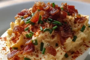 Delicious Million Dollar Bacon Deviled Eggs topped with crispy bacon
