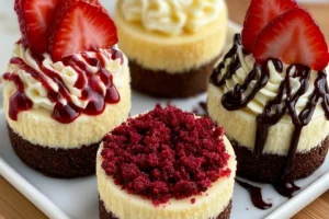 Mini cheesecake dessert trio featuring various flavors and toppings.