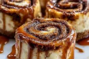 Mini cinnamon roll cheesecakes topped with cinnamon swirl and cream cheese frosting