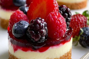 Mini mixed berry cheesecakes topped with fresh berries