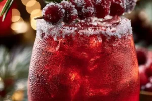 A festive Mistletoe Margarita in a glass garnished with lime and cranberries.