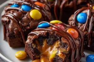 M&M's chocolate chip cookie dough brownie bombs on a plate