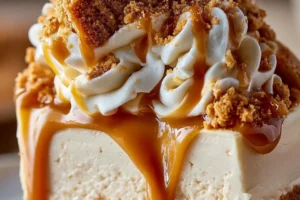 Delicious no-bake Biscoff cheesecake topped with crumbled Biscoff cookies